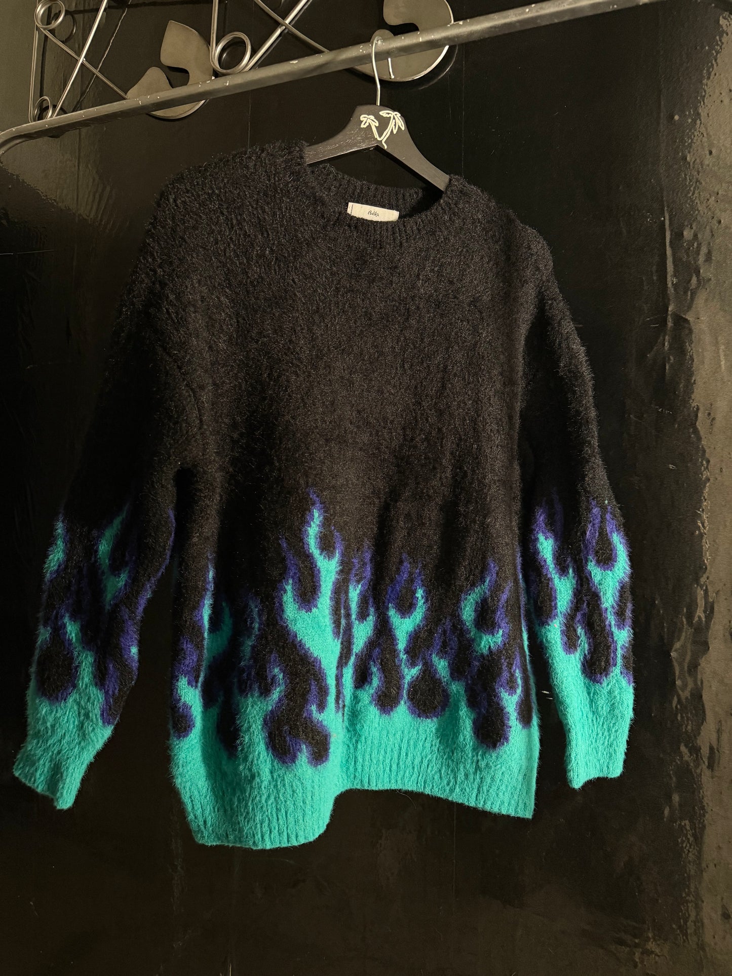Adika Mohair Flame Print Pullover Sweater Black Blue Turquoise Fuzzy-Knit Crew