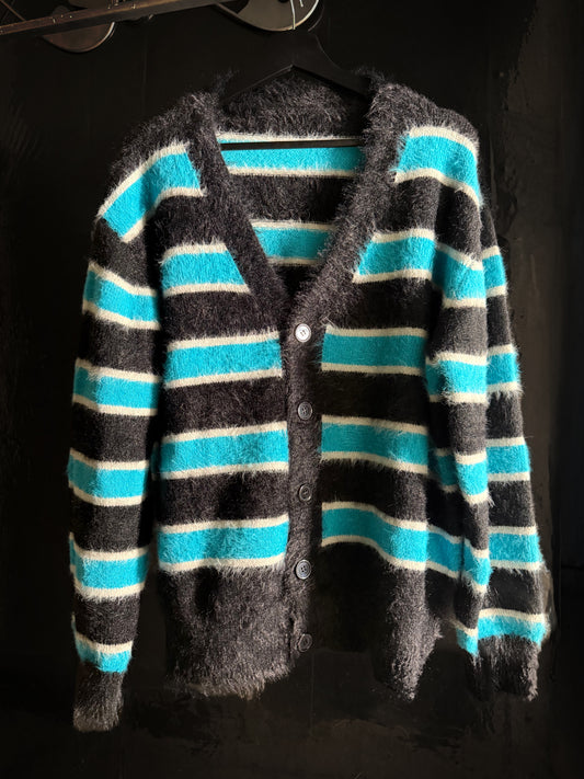 Fuzzy Striped Knit Cardigan Sweater Button-Up Black Blue White V-Neck