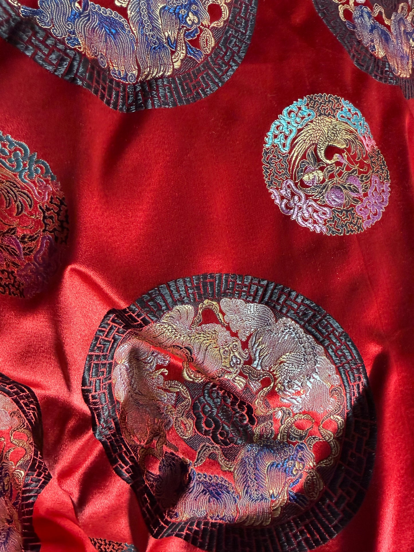 Men's Red Satin Robe Smoking Jacket Embroidered Quilted Black Collar Long Sleeve