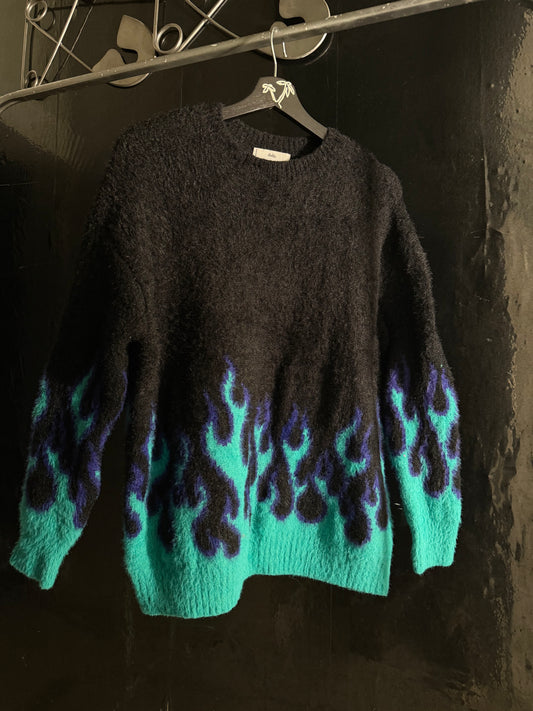 Adika Mohair Flame Print Pullover Sweater Black Blue Turquoise Fuzzy-Knit Crew