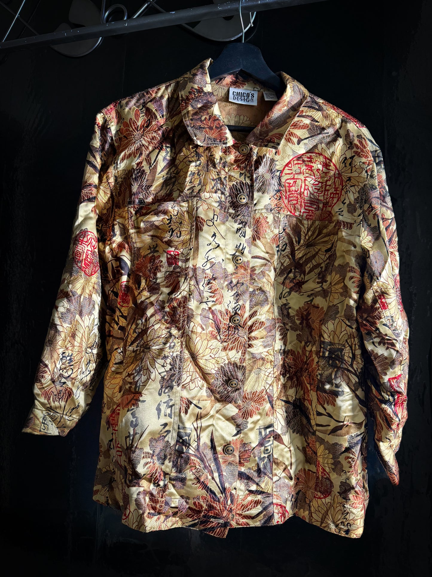 The Chico's Design Gold Floral Silk Long Sleeve Button-Up Top