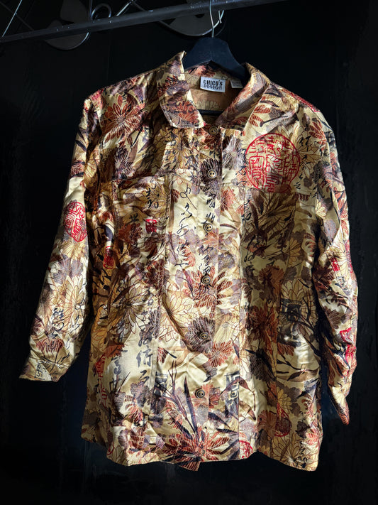 The Chico's Design Gold Floral Silk Long Sleeve Button-Up Top