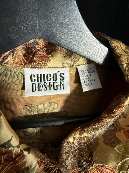 The Chico's Design Gold Floral Silk Long Sleeve Button-Up Top