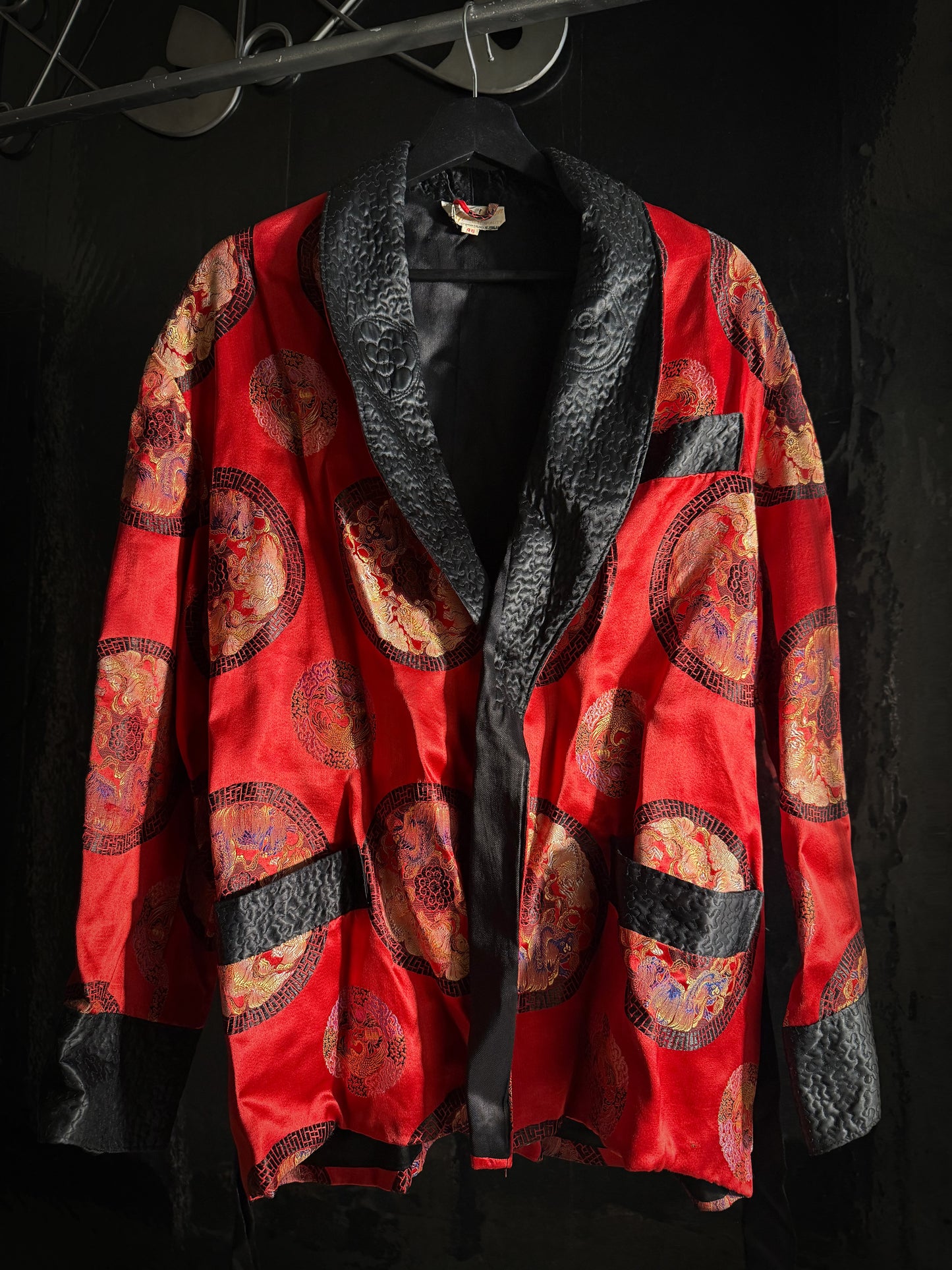 Men's Red Satin Robe Smoking Jacket Embroidered Quilted Black Collar Long Sleeve
