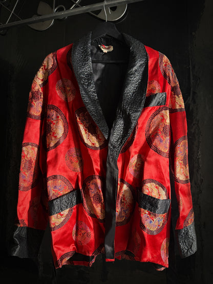 Men's Red Satin Robe Smoking Jacket Embroidered Quilted Black Collar Long Sleeve