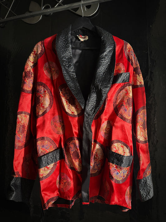 Men's Red Satin Robe Smoking Jacket Embroidered Quilted Black Collar Long Sleeve