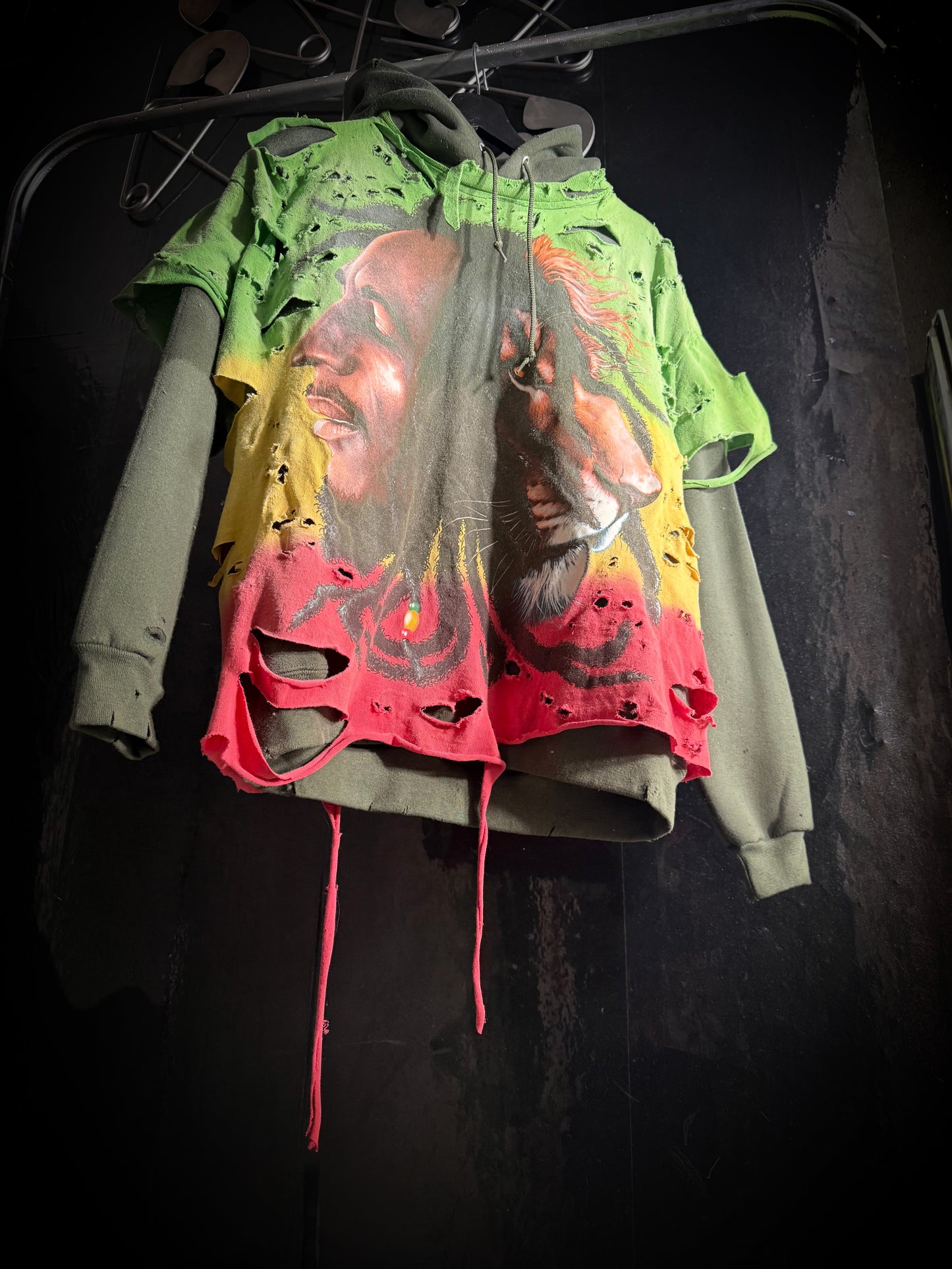 Bob Marley Lion Distressed Graphic Print Hoodie, Green Yellow Red Pullover