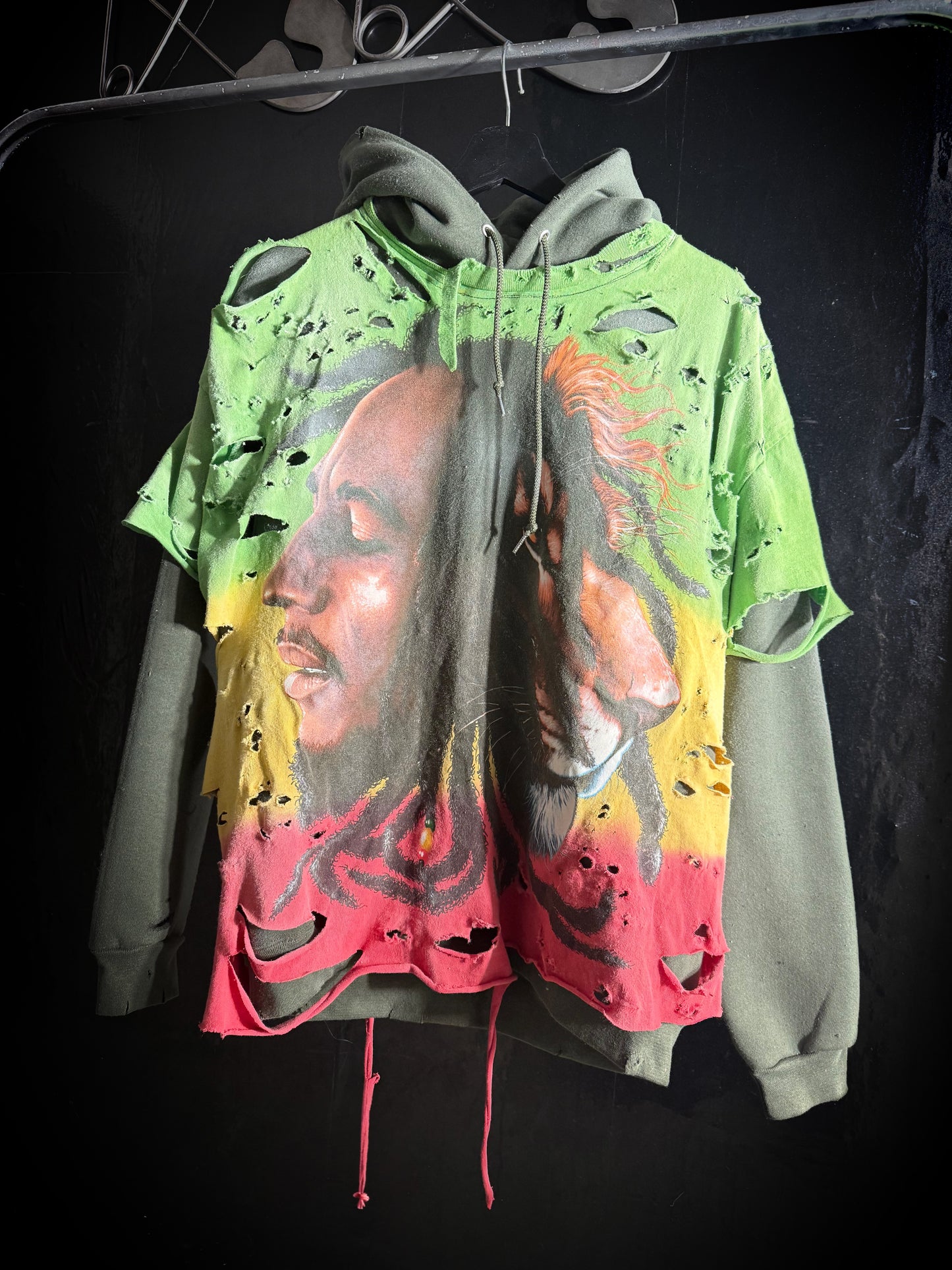 Bob Marley Lion Distressed Graphic Print Hoodie, Green Yellow Red Pullover