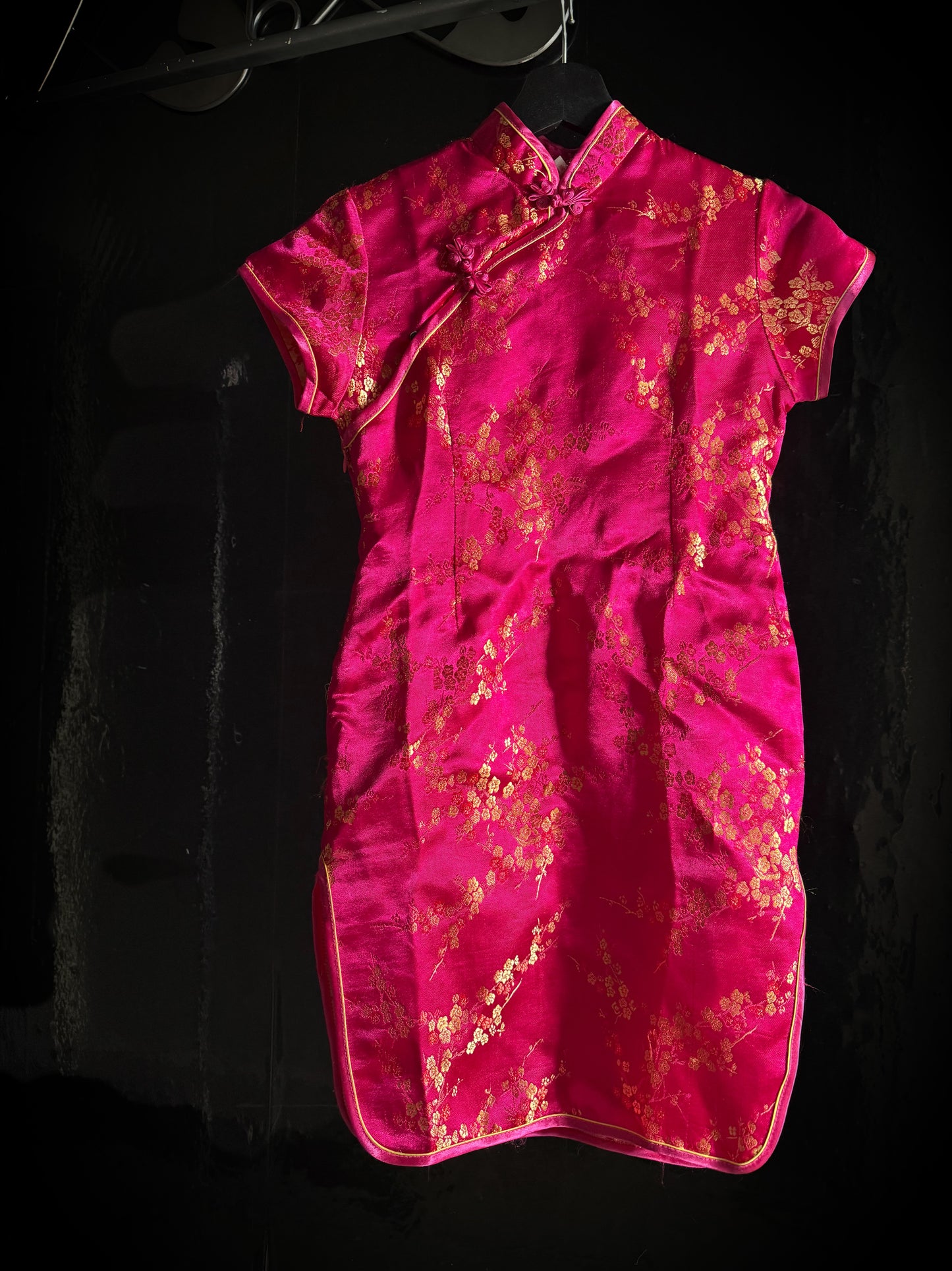 Pink Gold Satin Cheongsam Qipao Dress Embroidered Frog Closure Cap Sleeve