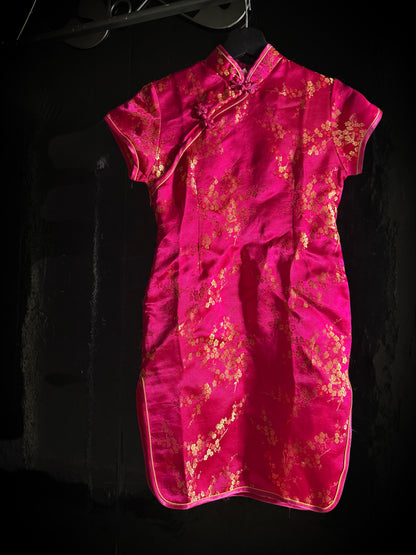 Pink Gold Satin Cheongsam Qipao Dress Embroidered Frog Closure Cap Sleeve