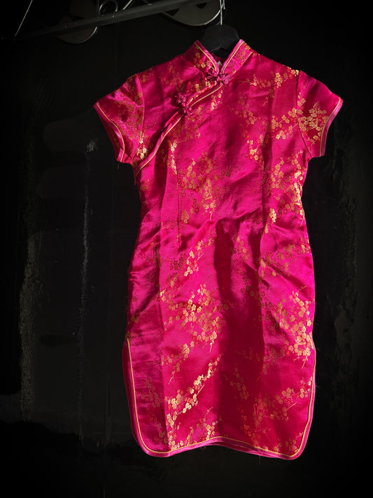 Pink Gold Satin Cheongsam Qipao Dress Embroidered Frog Closure Cap Sleeve