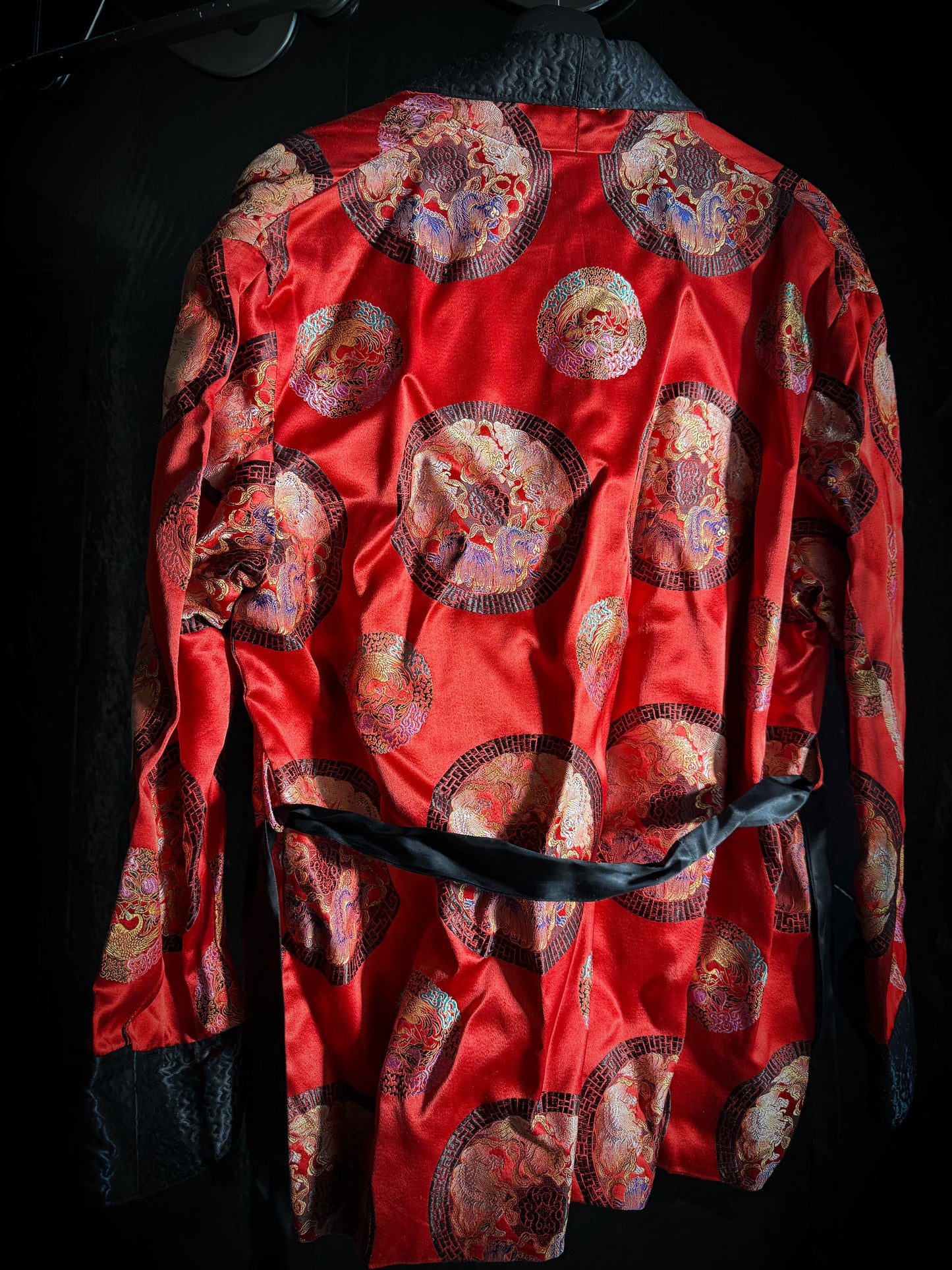 Men's Red Satin Robe Smoking Jacket Embroidered Quilted Black Collar Long Sleeve