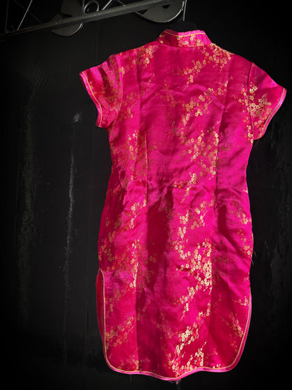 Pink Gold Satin Cheongsam Qipao Dress Embroidered Frog Closure Cap Sleeve