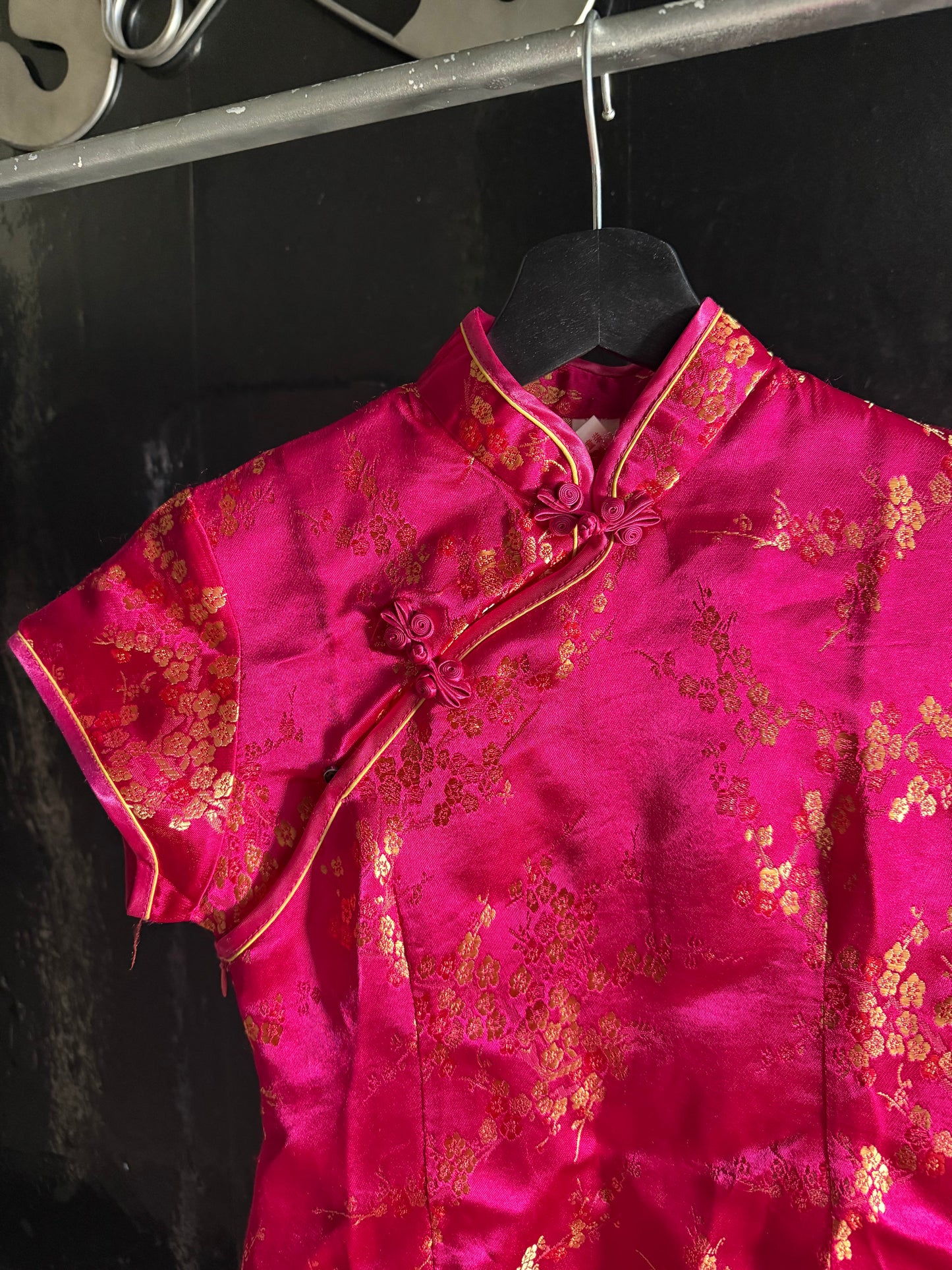 Pink Gold Satin Cheongsam Qipao Dress Embroidered Frog Closure Cap Sleeve