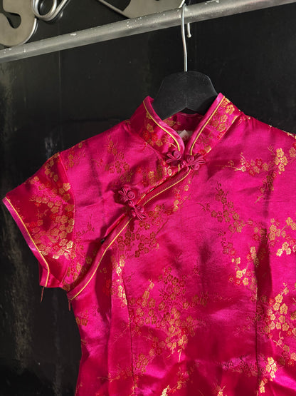 Pink Gold Satin Cheongsam Qipao Dress Embroidered Frog Closure Cap Sleeve