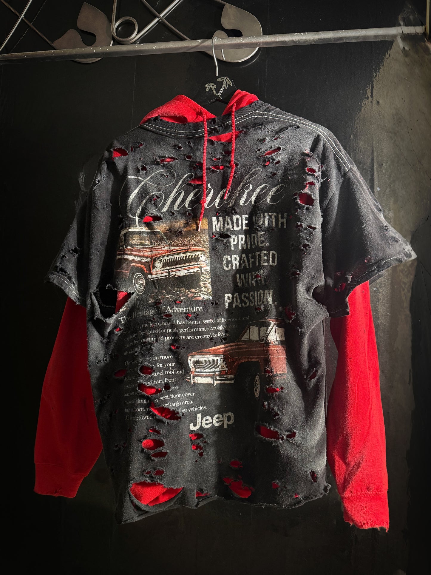 Jeep Cherokee Distressed Graphic Print Hoodie, Black Red Pullover
