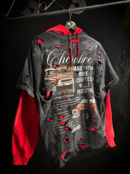 Jeep Cherokee Distressed Graphic Print Hoodie, Black Red Pullover