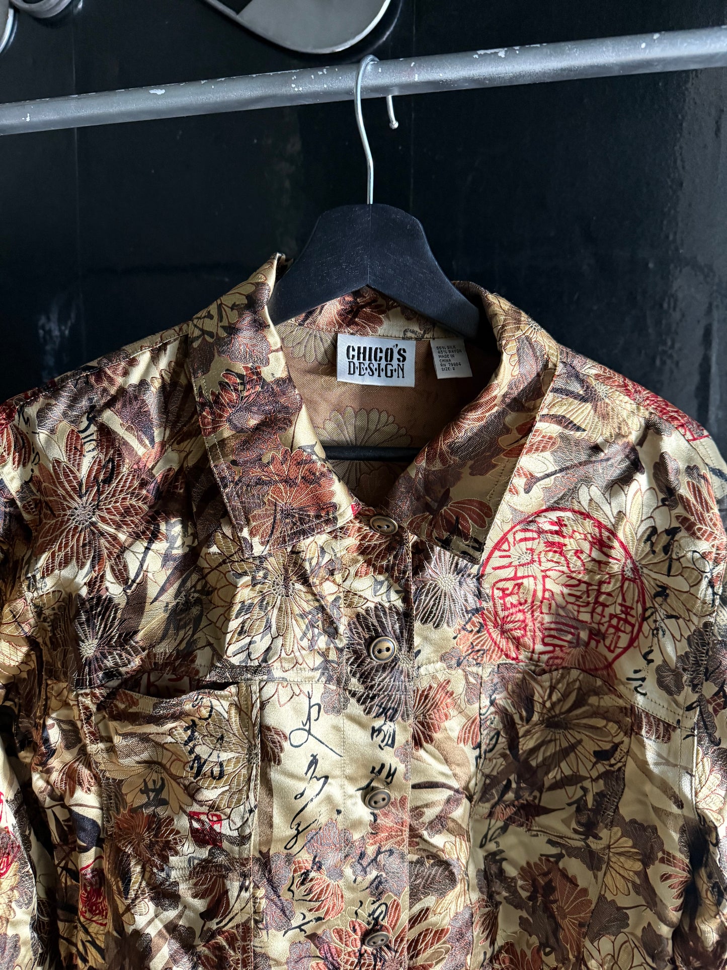 The Chico's Design Gold Floral Silk Long Sleeve Button-Up Top