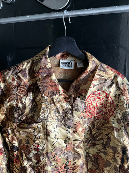 The Chico's Design Gold Floral Silk Long Sleeve Button-Up Top