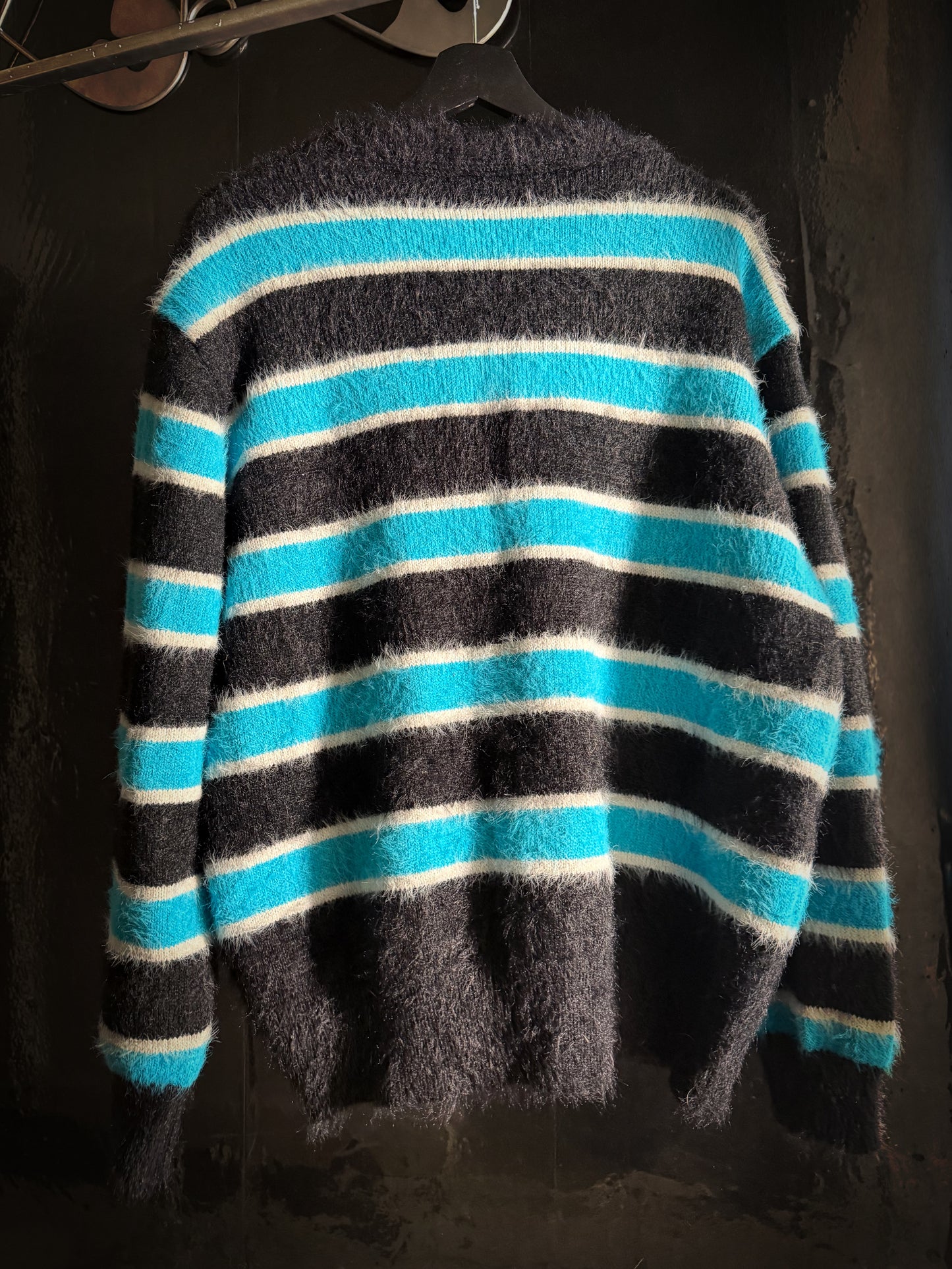 Fuzzy Striped Knit Cardigan Sweater  Button-Up Black Blue White V-Neck