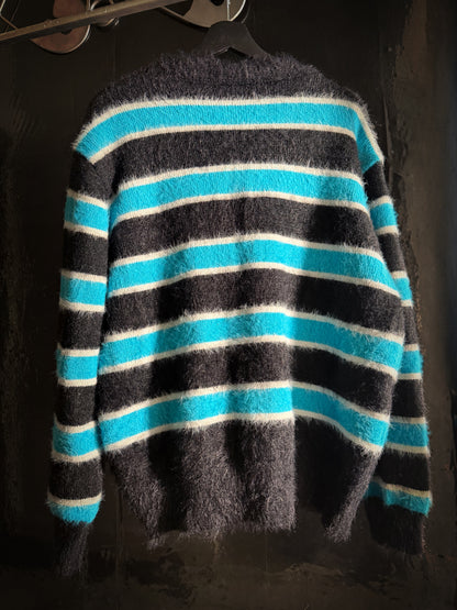 Fuzzy Striped Knit Cardigan Sweater  Button-Up Black Blue White V-Neck
