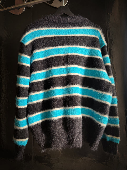 Fuzzy Striped Knit Cardigan Sweater  Button-Up Black Blue White V-Neck