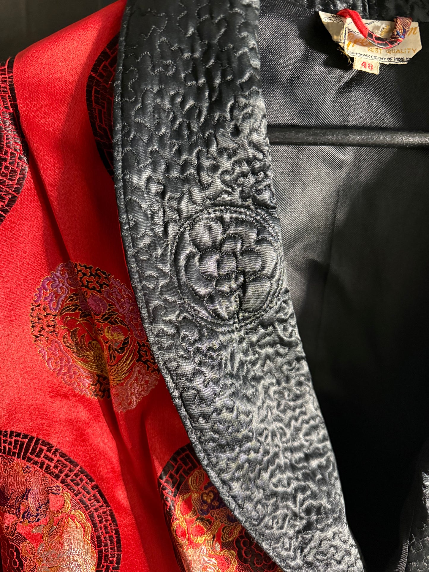 Men's Red Satin Robe Smoking Jacket Embroidered Quilted Black Collar Long Sleeve