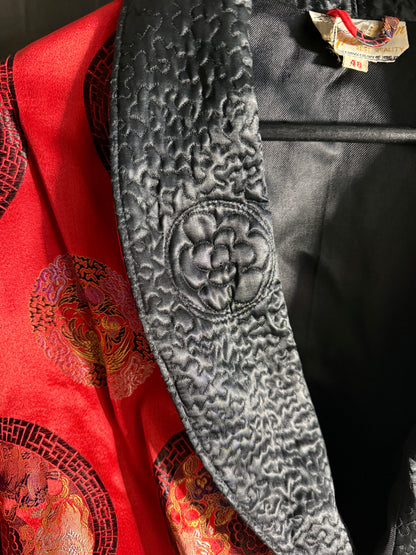 Men's Red Satin Robe Smoking Jacket Embroidered Quilted Black Collar Long Sleeve