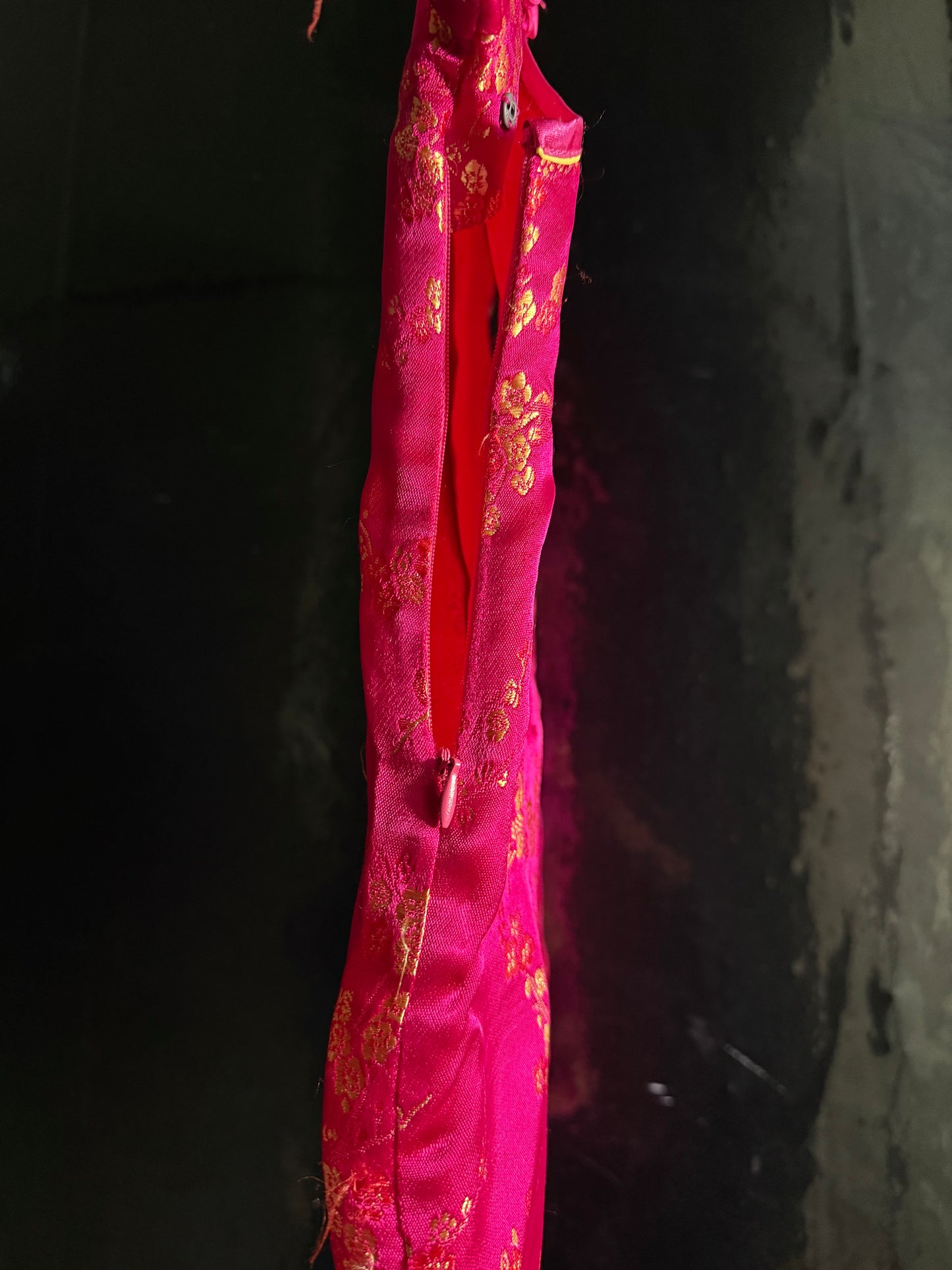 Pink Gold Satin Cheongsam Qipao Dress Embroidered Frog Closure Cap Sleeve