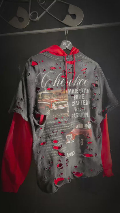 Jeep Cherokee Distressed Graphic Print Hoodie, Black Red Pullover