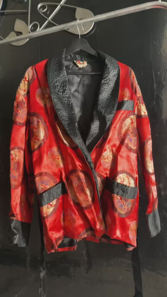 Men's Red Satin Robe Smoking Jacket Embroidered Quilted Black Collar Long Sleeve