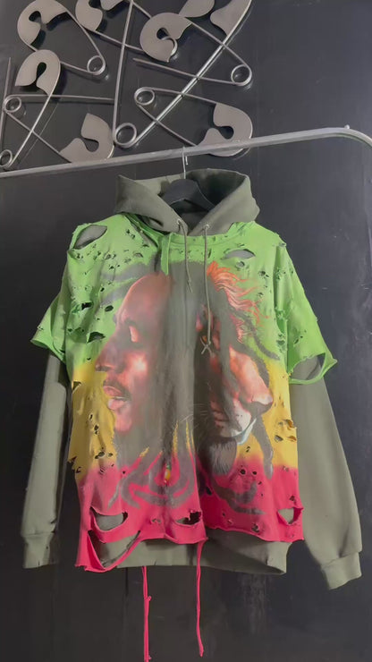 Bob Marley Lion Distressed Graphic Print Hoodie, Green Yellow Red Pullover