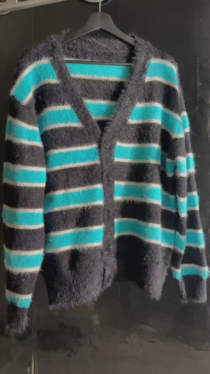 Fuzzy Striped Knit Cardigan Sweater  Button-Up Black Blue White V-Neck