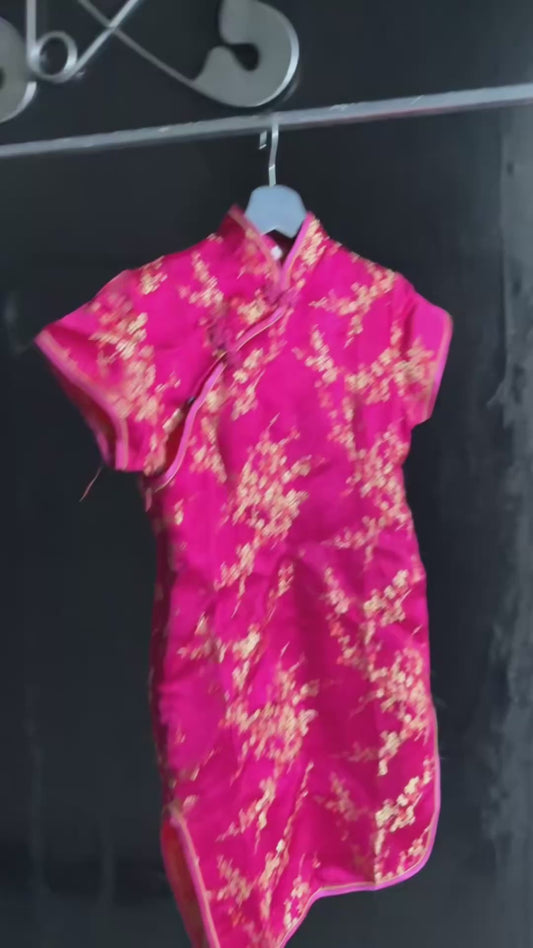 Pink Gold Satin Cheongsam Qipao Dress Embroidered Frog Closure Cap Sleeve